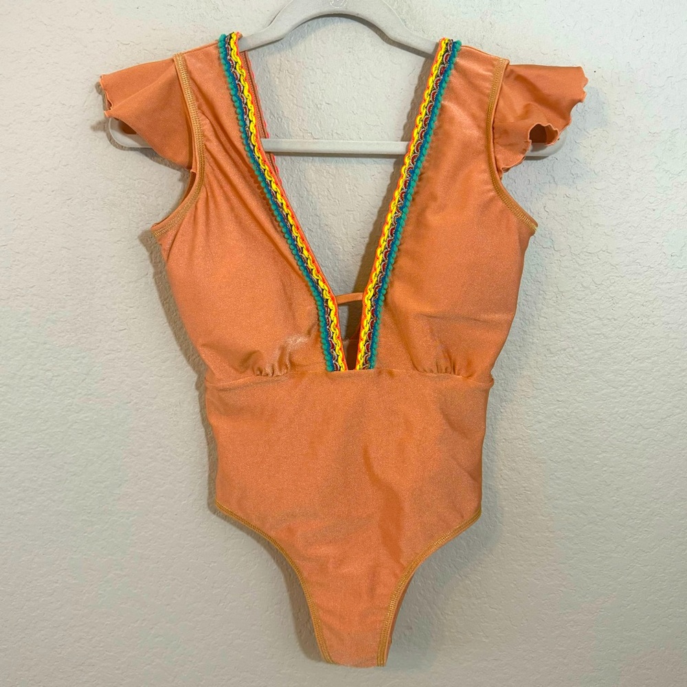 ADG Angel De La Guarda One Piece‎ Plunge Boho  Swimsuit Shimmer  M